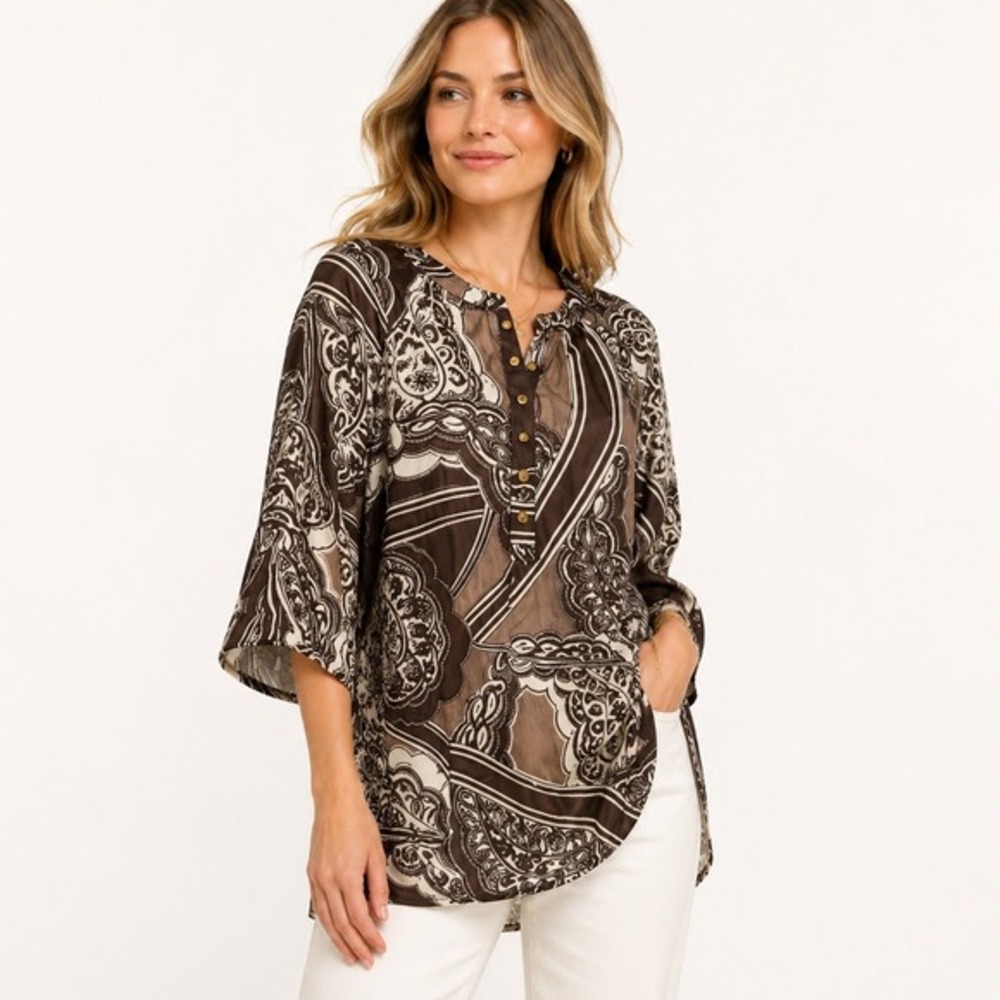 Banana‎ Republic Silk Paisley Tunic Blouse Brown Button Neck Size S